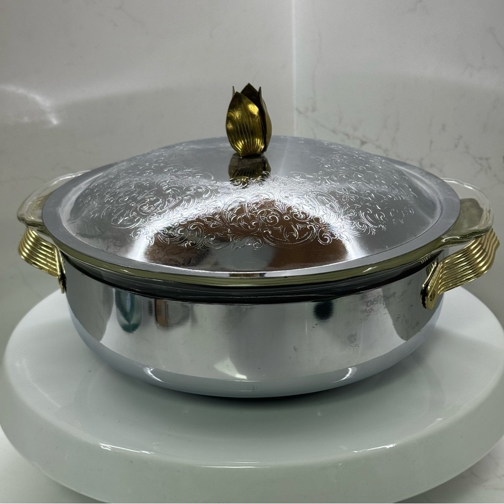 Vintage Fire-King 2 QT Casserole Dish with Metal Holder & Etched Lid